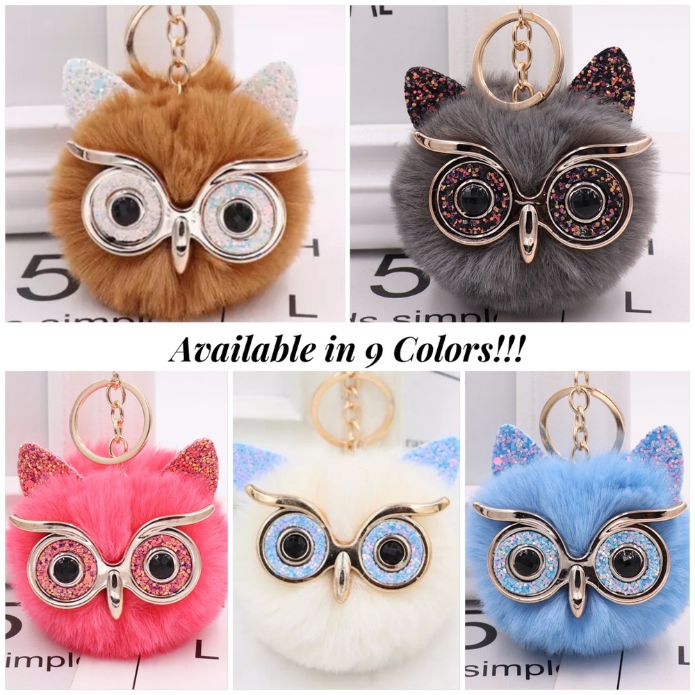 Fluffy Owl with Glasses Pom Pom Keychain - Picture 9 of 10